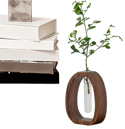 Hidropónica Interior - Contenedor Floral De Madera Maciza De Nogal, Jarrón De Plantas De Vidrio Artístico | Pequeño Soporte De Tubo De Agua con Diseño Elegante, Recipiente Hidropónico Decorativ