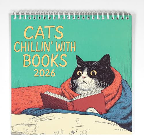 12 Month Cat Calendar 2026 UK,Funny Calendar 2026,Cats Chillin' with Coffee 2026 Personalised Wall Calendar 2026 for Cat Lover (CATS CHILLIN' WITH BOOKS)