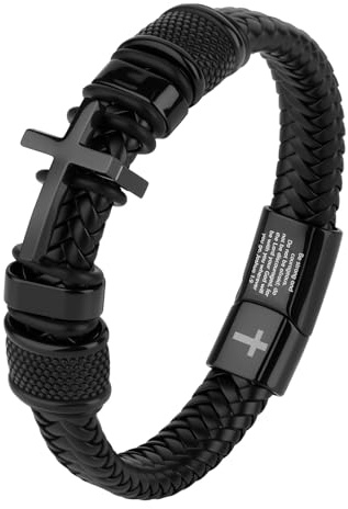 Men's Christian Cross Bracelet, Black Braided Leather Bible Verse Bracelet