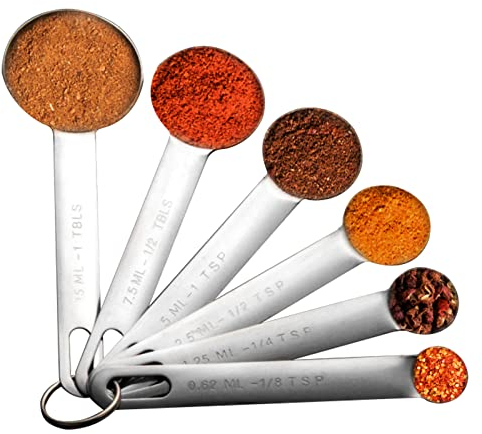 Set di 6 cucchiai dosatori da 1/8, 1/4, 1/2, 1 cucchiaio da tè, 1/2, 1 cucchiaio da tavola, cucchiai dosatori in acciaio inox, da cucina, per ingredienti liquidi e secchi, con contrassegno