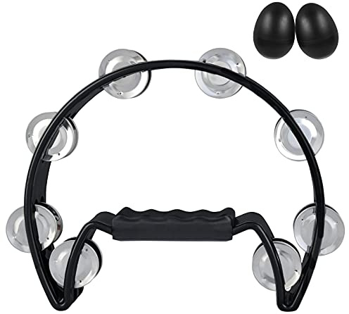 EASTROCK Half Moon Hand Tambourine with 16 Metal Jingles Double Cutaway Design for Musicians and Bands (Black)