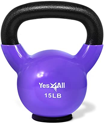 Yes4All Vinyl Coated Kettlebell With Protective Rubber Base, Strength Training Kettlebells for Weightlifting, Conditioning, Strength & Core Training (15 LBS - Violet)