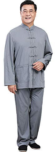 G-LIKE Herren Frühling Herbst Anzug - Traditionelle Chinesische Bestickte Kleidung Kampfkunst Tai Chi Kung Fu Trainingsanzug Langarm Jacke Hose Uniform für Männer – Baumwolle Leinen (Dunkelgrau, L)