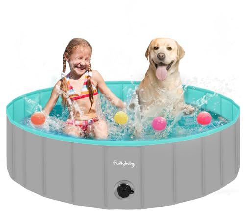 furrybaby Dog Paddling Pool for Dogs, Foldable Dog Pool for large dogs, Puppy Pool for Gardens with PVC, Non-Slip Base & Drain Plug, Grey, 120 x 30 cm