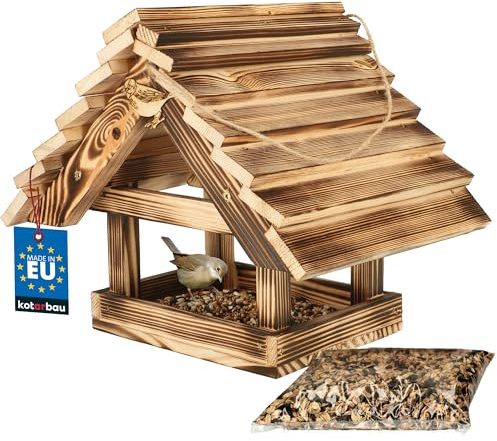 KOTARBAU® Mangiatoia da Esterno in Legno - Casetta Per Uccelli - 36 x 27,5 x 30 cm - Legno Bruciato Chiaro - Mangiatoia Uccelli Selvatici - Da Esterno Con Cibo 0.5 kg