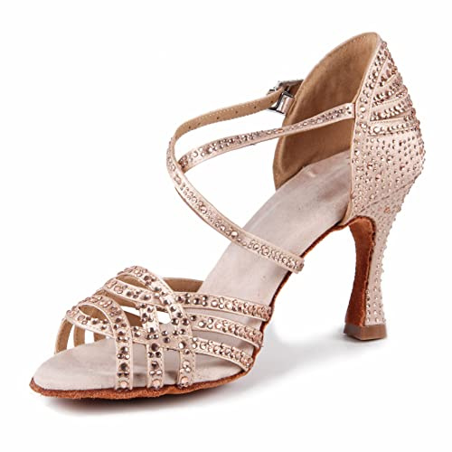 Syrads Donna Peep Toe Cross Strap Strass Tango Social Ballroom Scarpe da Ballo Latino Scarpe da Ballo per Feste di Matrimonio,Colore Chiaro 9cm Heel,37 EU