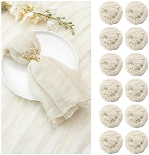 Lot de 12 serviettes de table en étamine avec plis – Polyvalentes – Pour dîner, fête de mariage, Pâques, décoration d'intérieur – Beige – 50,8 x 50,8 cm