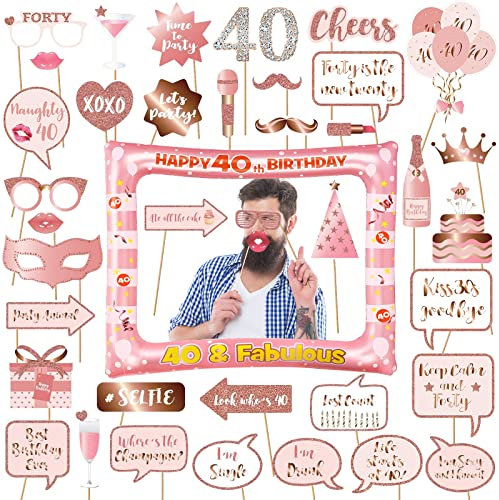 AIBAOBAO 40th Birthday Photo Booth Props Inflatable Selfie Frame Blow Up+39Pcs Party Prop, Pink Birthday Party Decorations for Girls Supplies Womens Gift, Funny Family Holiday Theme to Wife Birthday