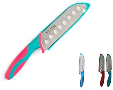My First Chef's Knife for Kids - NEW! CARNATION/TEAL - w/Protective Safety Sheath - German Stainless Steel - Curved Finger Shield/Childrens Cooking Baking