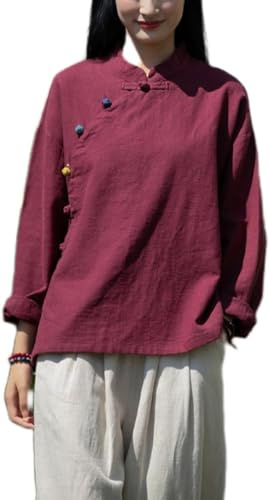 Chemisier chinois Ramie pour femme - Coton et lin - Chemise Hanfu d'été traditionnelle - Costume de méditation avec manches longues - Tunique rétro - Costume de méditation