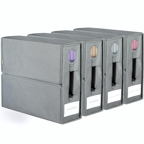 Voova 4 Pack Foldable Bed Sheet Organiser Storage, Folding Bedding Organizer Box with Clear Window and Zip for Sheets, Duvet Covers, Blankets, Pillows, Clothes and Towels(Queen & King Size), Grey