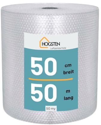 HOGSTEN Luftpolsterfolie Rolle 50m x 50cm - Noppenfolie für Versand, Verpackung und Umzug -100% recycelbar - Bubble Wrap Polstermaterial Verpackungsmaterial 50my (0,5m x 50m)