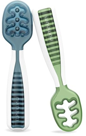 NumNum Baby Spoons Set, Baby Essentials Pre-Spoon GOOtensils for 6+ Months, First Stage Self-Feeding Spoons for Baby Led Weaning (BLW), Silicone Toddler Utensils, BPA-Free, 2 Pack Blue/Green