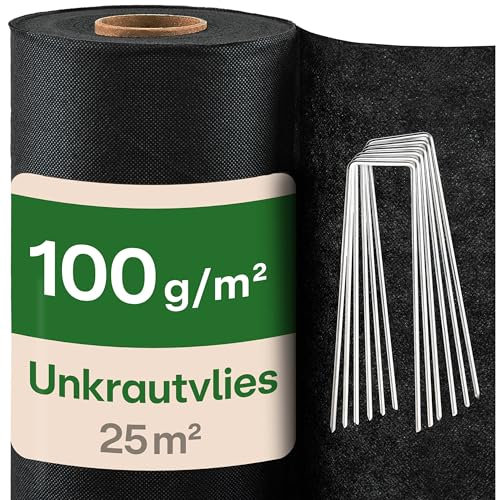 Praknu Unkrautvlies 100g/m² mit 12 Erdankern - 𝗘𝘅𝘁𝗿𝗮 𝗦𝘁𝗮𝗿𝗸 & UV-Stabil - 25m² Reißfeste & Wasserdurchlässige Unkrautfolie - Ideal für Garten, Hochbeete & Terrassen