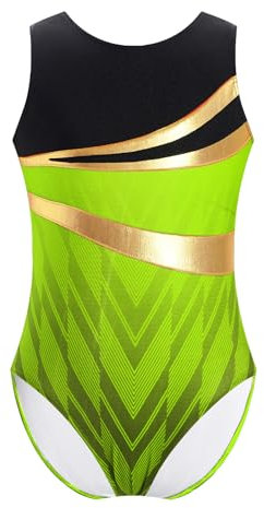 Miaeowve Kinder Jungen Gymnastikanzug Ärmellos Balletttrikot Metallic Streifen Patchwork Tanztrikot Motiv Performance Bekleidung Leuchtendes Grün 146-152
