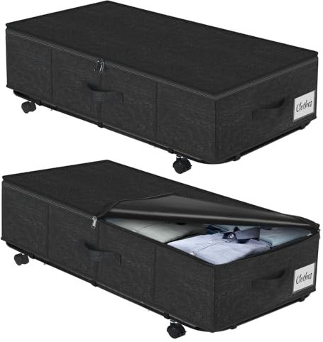 50L XL Sturdy Under Bed Storage with Wheels, 2 Pack Rolling Underbed Storage Bins, Under Bed Containers Drawer with Metal Bottom Support, Bedroom Organiser Bins with Lids for Clothes, Shoes, Blankets