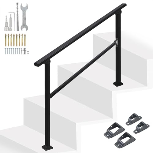 YedZen Rampe Escalier, 102cm Rampe Escalier Extérieur pour 1 à 3 Marches, Angle Réglable, en Acier au Carbone, 91,4cm Poteaux, 64cm Traverse, Main Courante pour Escalier, Intérieur