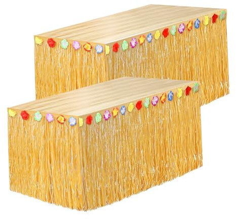 2 Pcs Faldas de Mesa Hawaiana, Festa Hawaiana Decoracion, Falda de Mesa de Césped con Flores Multicolores, Decoraciones de Mesa para Fiesta Hawaiana, Fiesta Verano, Cumpleaños, Fiesta de Playa