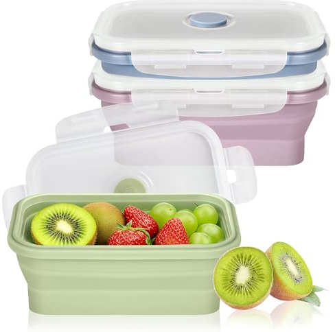 3 Stück Faltbare Brotdose, 550ML Faltbare Dosen mit Deckel, Faltbare Lunchbox, Bento Box, Brotdose Faltbar, Silikon-Lebensmittelbehälter-Set, Mikrowellen & Gefrierschrankgeeignet (Grün, Rosa, Blau)