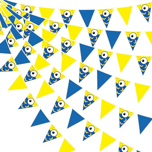 32Ft Yellow Blue Bunting Banner Cartoon Theme Party Decorations Blue Yellow Big Eyes Banana Fabric Pennant Triangle Flag Garland for Cartoon Birthday Baby Shower Big Eyes Movie Party