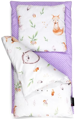 PinkZebra Juego de ropa de cama para muñecas de 3 piezas, manta + almohada + colchón, de algodón para muñecas de hasta 43 cm, certificado Öko-Tex, animales del bosque, erizos