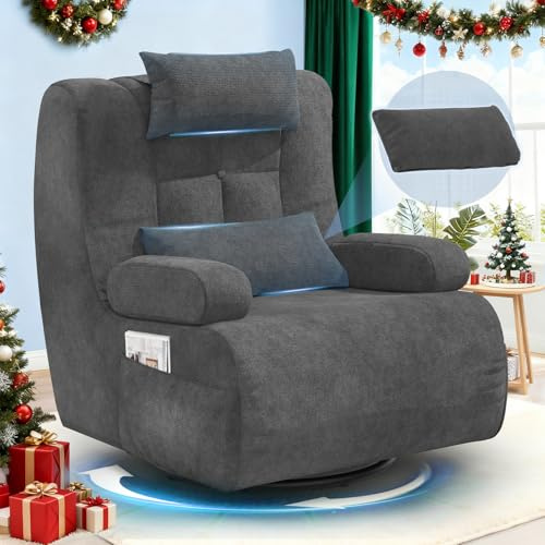 Gegcucey Poltrona,360° Poltrona Girevole con Poggiatesta, Cuscino per Schienale, 2 Tasche Laterali, Poltrona Relax Imbottita Oversize per Soggiorno,camera da letto(Grigio scuro)
