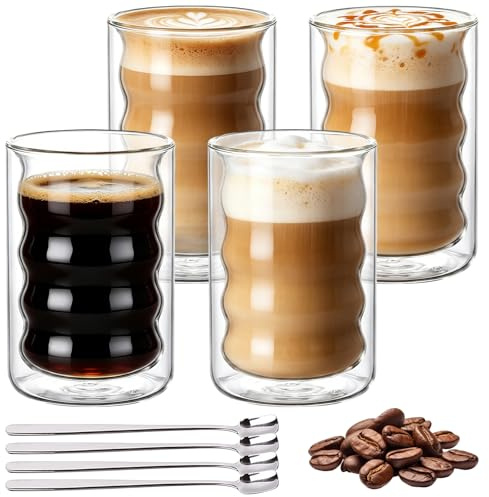 4 Pezzi 350Ml Tazza Caffè Doppio Vetro Borosilicato, Tazze Cappuccino con 4 Cucchiaini, Tazze Colazione, Tazzine Caffe Vetro, Tazza Cappuccino, Bicchiere Caffè Vetro Per Tè, Latte, Espresso,Succo