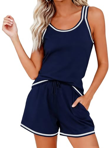TeJoyce Pijama Mujer Verano Corto Algodon, Ropa de Dormir Dos Piezas, Conjunto Camiseta Sin Mangas y Pantalones Cortos con Bolsillos, Suave y Cómodo Pijamas para Salir (Azul Marino, XXL)