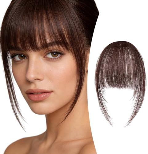 Real Human Hair Clip in Bangs for Women - Natural Look Fringe Hairpiece with Temples, Wispy or Curved Bangs Options(Dark Brown)