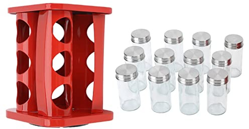 FILFEEL Elegant Roterande Kryddställ i Rostfritt Stål för Bänkskiva med Kryddburkar i Glas, Platsbesparande Bekvämlighet (J12336RED[12] röd)