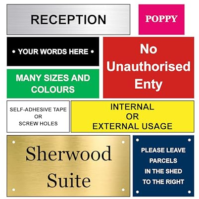 Customised Print - Custom Engraved Sign, Personalised Plaque, Door Name Plate, Choice of Fonts, Choice of Colours, No Fixings, Self-Adhesive or Screw Holes