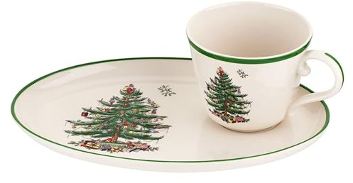 Spode Christmas Tree Soup & Sandwich Set - 11 Oval Tray & 16 oz Mug - Porcelain Holiday Serveware, Microwave, Dishwasher, Oven Safe - Traditional Christmas Décor with Gift-Boxed Festive Set
