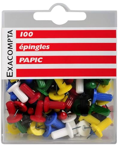 Exacompta - Réf. 14996E - Boîte de 100 épingles d'affichage Papic - Hauteur de la pointe 7 mm - Diamètre 10 mm - Pour fixer cartes, photos, documents, cadres, guirlandes - 6 couleurs assorties