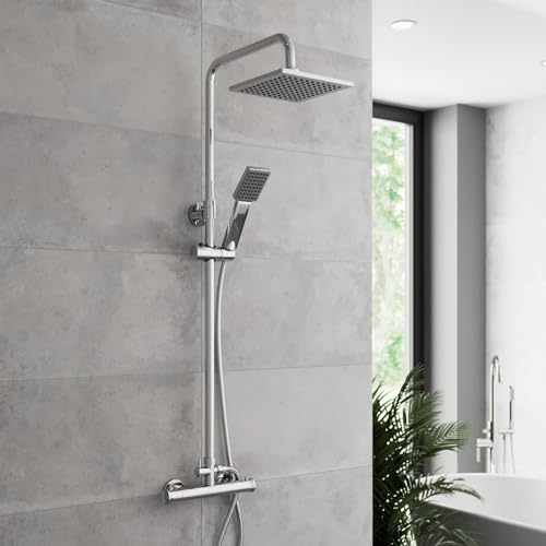 Architeckt® Thermostatic Shower Mixer Set with Rainfall Head Valve Adjustable Riser Rail Handset and Hose Showers Thermostat Square, Polished Chrome