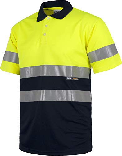 WORKTEAM Polo de Alta Visibilidad EN ISO 20471 de Trabajo, Manga Corta, Ojo de Perdiz y con Cintas Reflectantes, Tallas Grandes. Unisex Amarillo A.V.+Marino L