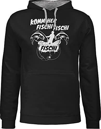 Pullover Herren Frauen Hoodie Kontrast zweifarbig - Angler Geschenke & Angeln Zubehör - Komm her Fischi - M - Schwarz/Grau meliert - angelbekleidung sprüche, Damen lustige sprüche Pulli