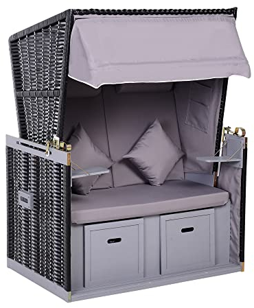 Outsunny Strandkorb Ostsee Volllieger 2-Sitzer Winterfest Strandkörbe aus Hartholz, Strandkorb mit Dach Fußbänkchen Seitentische Strandkorbhülle, Strandstuhl für Balkon, Garten Terrasse, Grau