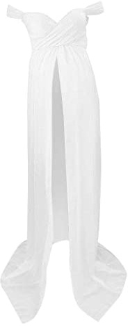 Vestido para maternidad para fotografía, vestido largo para gasa transparente con hombros parascubiertos, abertura frontal, diseño vaporoso para embarazo, color marfil, largo hasta la sulao, talla M.