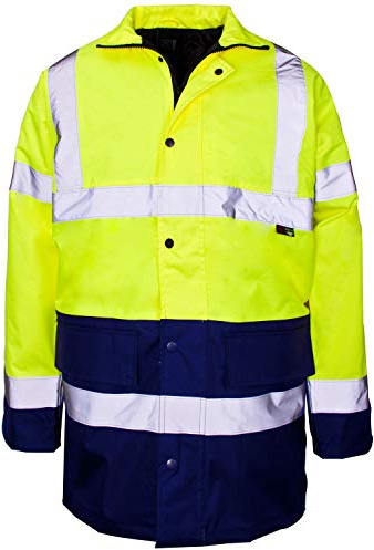 Two-Tone Hi-Vis Parka Jacket with Padded Quilted Lining and Detachable Hood (X-Large, Yellow / Navy)