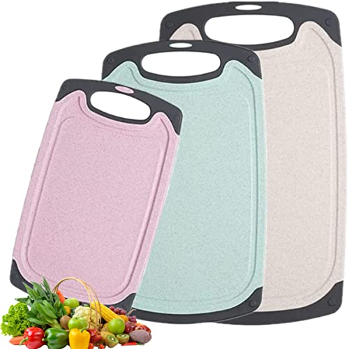 Chopping Board Set of 3 Plastic Kitchen Cutting Boards Large Non-Slip Easy Grip Handle Dishwasher Safe Juice Groove Design Colour Coded