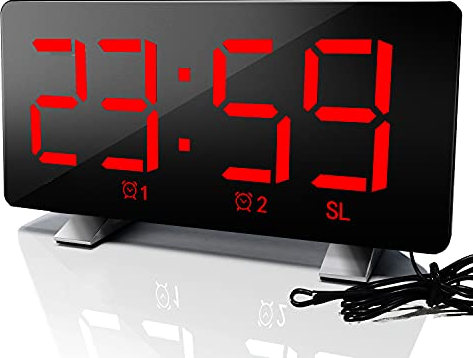ThreeH Horloge Numérique Radio avec Chargeur Téléphone USB Affichage à écran Incurvé LED 7,3 '' avec Gradateur 2 Réglages d'alarme Radio-réveil pour Les Chambres Rouge