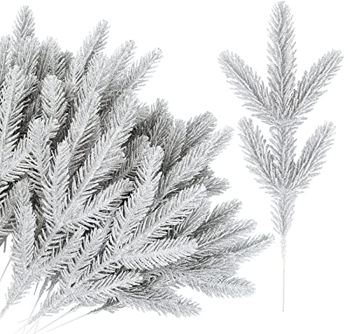 VINFUTUR 24 Stücke Künstliche Tannenzweige Silber Glitzer Kiefernzweige für Weihnachtskranz Weihnachtsbaum Weihnachtsgirlande Weihnachten Arrangement DIY Basteln Homedeko