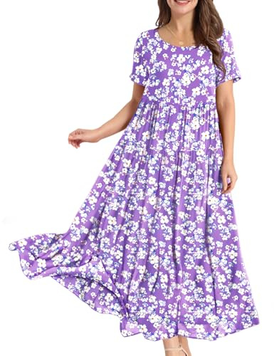 YESNO Women Dresses Casual Plus Size Bohemian Short Sleeve Floral Long Maxi Summer Beach Swing Dress/Pockets L EJFUK CR345