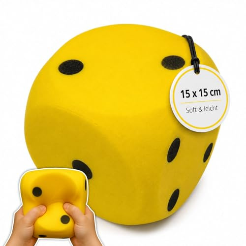 alldoro XXL skumkub gul, 15 x 15 cm, stor mjuk lekkub | Tygkub av skum, för lek, lärande och räkning, tärningsspel inomhus och utomhus, för barn från 3 år