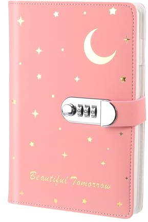 PATIKIL A5 Diary with Lock, Journal with Lock Cute Journaling Leather Notebook Journal 120 Pages Stars Moon Diary with Pen Slot Card Slot Waterproof for Women Gifts, Pink