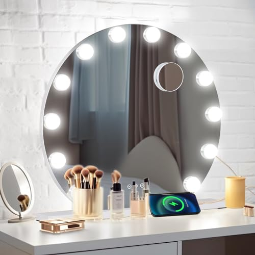 YU YUSING Hollywood Schminkspiegel mit Beleuchtung, 60cm 12 LED Licht Dimmbar Kosmetikspiegel 3 Modi, Rund Vanity Spiegel Badspiegel Tischspiegel Wandspiegel, Schlafzimmer Schminktisch