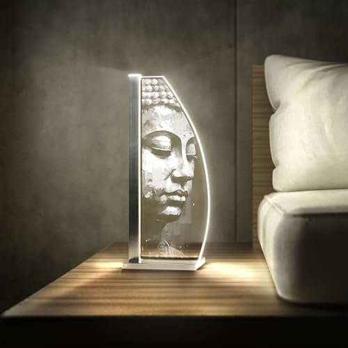 Luverre Tischlampe | LED-Leuchte | Glas-Leuchte mit Gravur für Nachttisch, Kommode, Wohnzimmer | Kunst, Entspannung, Wellness (Buddha, Segel | silber)