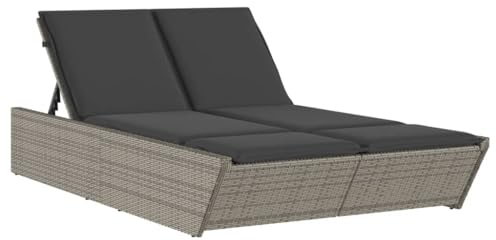 vidaXL Doppel Sonnenliege, Gartenliege mit Kissen, Doppelliege für Garten Terrasse, Relaxliege Sonnenbett Gartenmöbel, Grau Poly Rattan