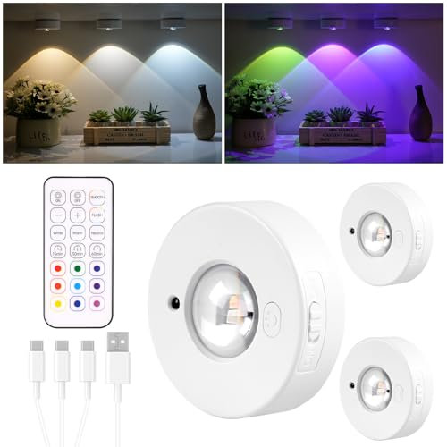 HOTUT Foco LED RGB con mando a distancia, 3 unidades USB recargables para vitrinas, iluminación LED inalámbrica, iluminación LED para armario, regulable, con función de temporizador