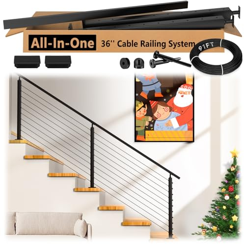 Zylorix 4ft-8ft Complete Set 36 Cable Railing System 33° Drilled with Cuttable Handrail, Modular Black T304 Stainless Steel Angled Stair Cable Railing Posts Kit for 28-38° Wood Concrete Stair